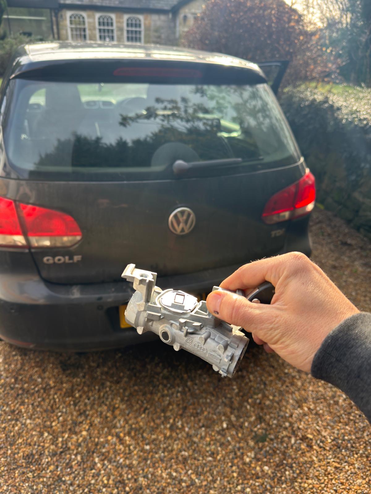 Worn VW Golf Mk6 ignition barrel and steering lock unit removed for replacement, Royal Tunbridge Wells